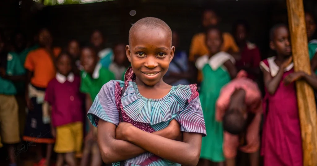 Confident Ugandan schoolgirl stands with folded arms, gazing into the camera as classmates look on—symbolizing the hope and strength Baino Social Impact nurtures through education in underserved communities.