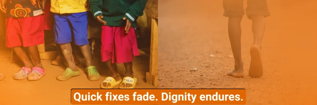 On the left, young kindergarten children sing and dance joyfully in a classroom with a dirt floor, their laughter bright despite minimal resources. On the right, a barefoot boy walks along a dusty path, reflecting the daily challenges and determination of children pursuing education in rural Uganda.