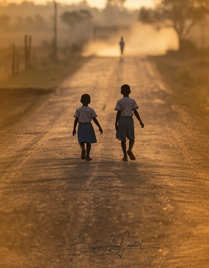 Two rural Ugandan siblings walk hand in hand down a dusty road toward school — a quiet symbol of hope, resilience, and the promise Baino Social Impact fights to protect through education and poverty alleviation.