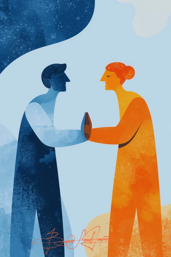 Illustration of two human figures high-fiving—personifying trust, unity, and the shared purpose behind Baino Social Impact’s mission.