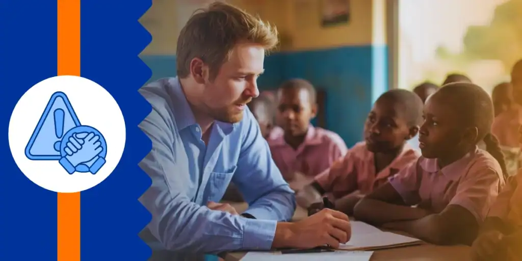 A Caucasian teacher shares a moment of connection with students in a rural Ugandan classroom