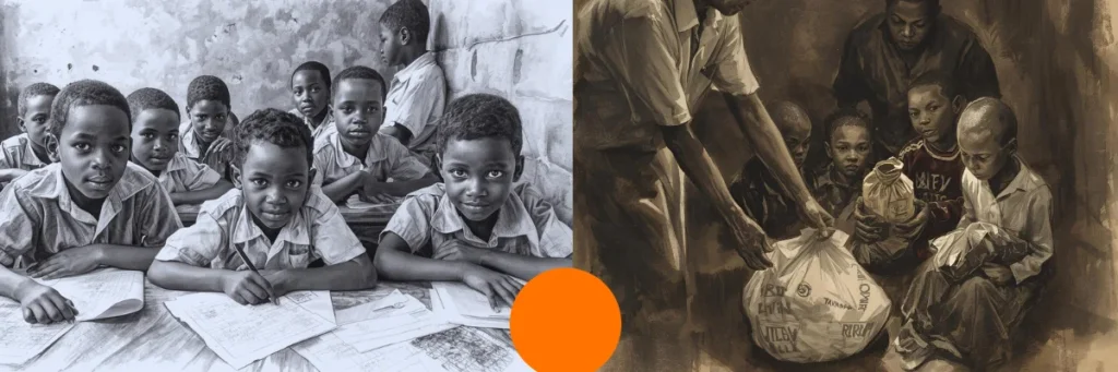 Pencil drawing showing young pupils in a rural classroom receiving an education on the left, and a group of young people receiving a package in a plastic bag on the right. The image contrasts meaningful empowerment with simple aid, illustrating how Baino Social Impact centers the person being supported, fostering dignity, growth, and opportunity.