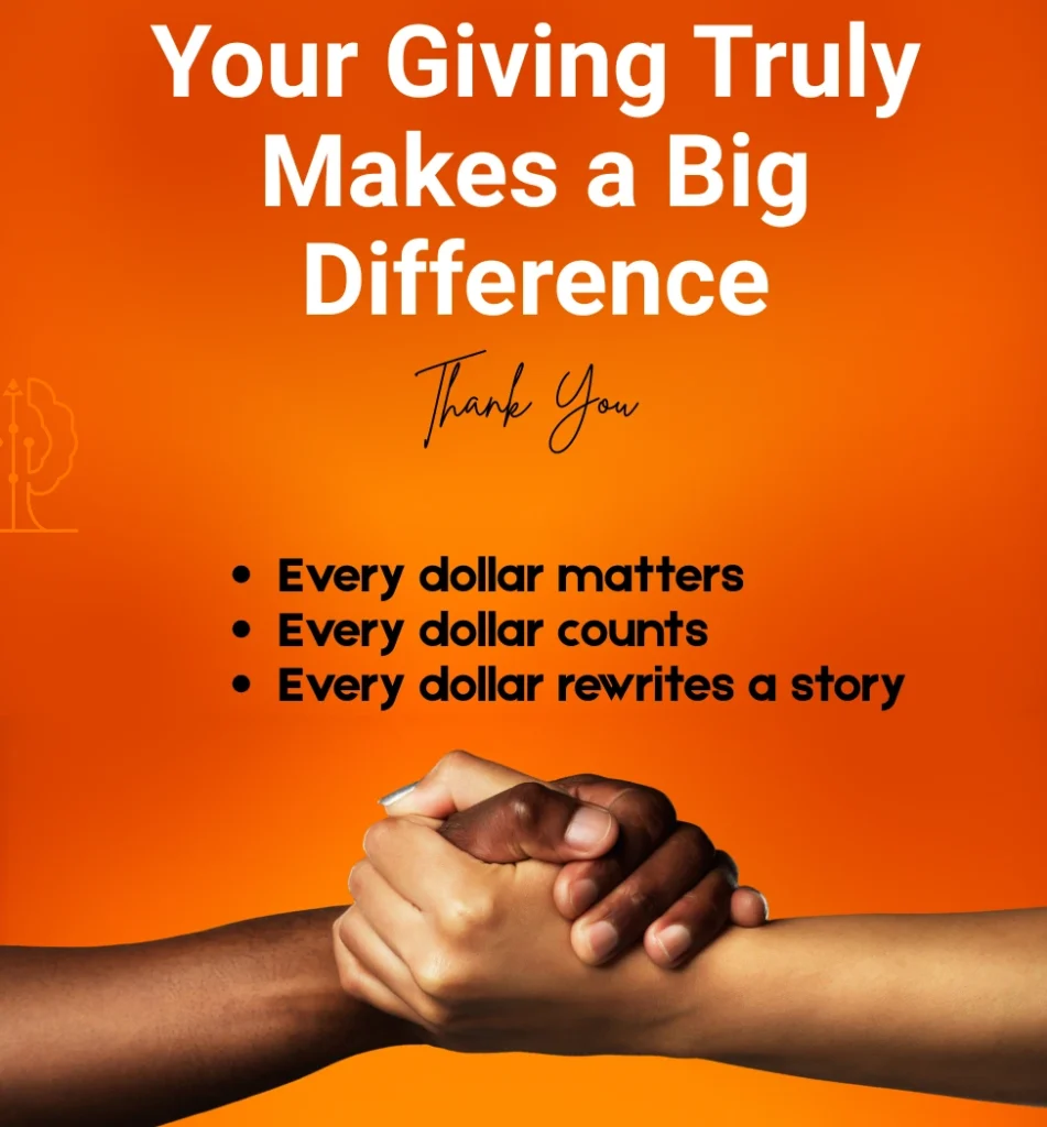 Two hands joined in unity beneath the bold words “Your giving truly makes a big difference,” capturing the trust, transparency, and shared purpose that define Baino Social Impact’s mission to transform lives through education and hope.