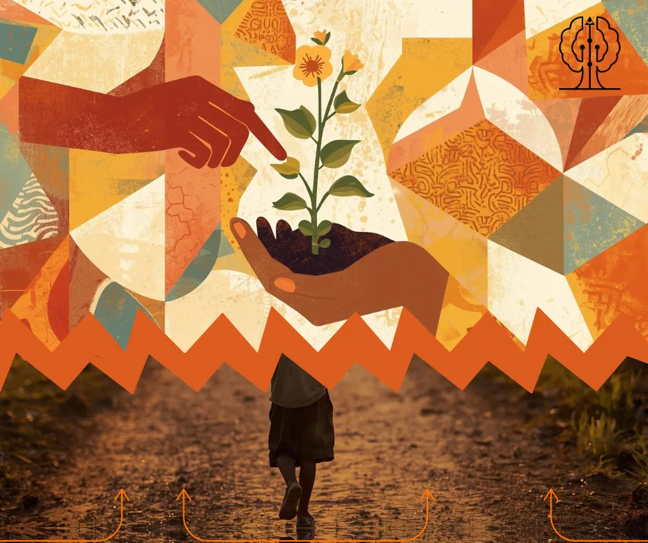 Illustration of a seed sprouting in a hand above a rural Ugandan boy walking on a dusty path—embodying how child sponsorship at Baino Social Impact nurtures real, upward growth from humble beginnings.