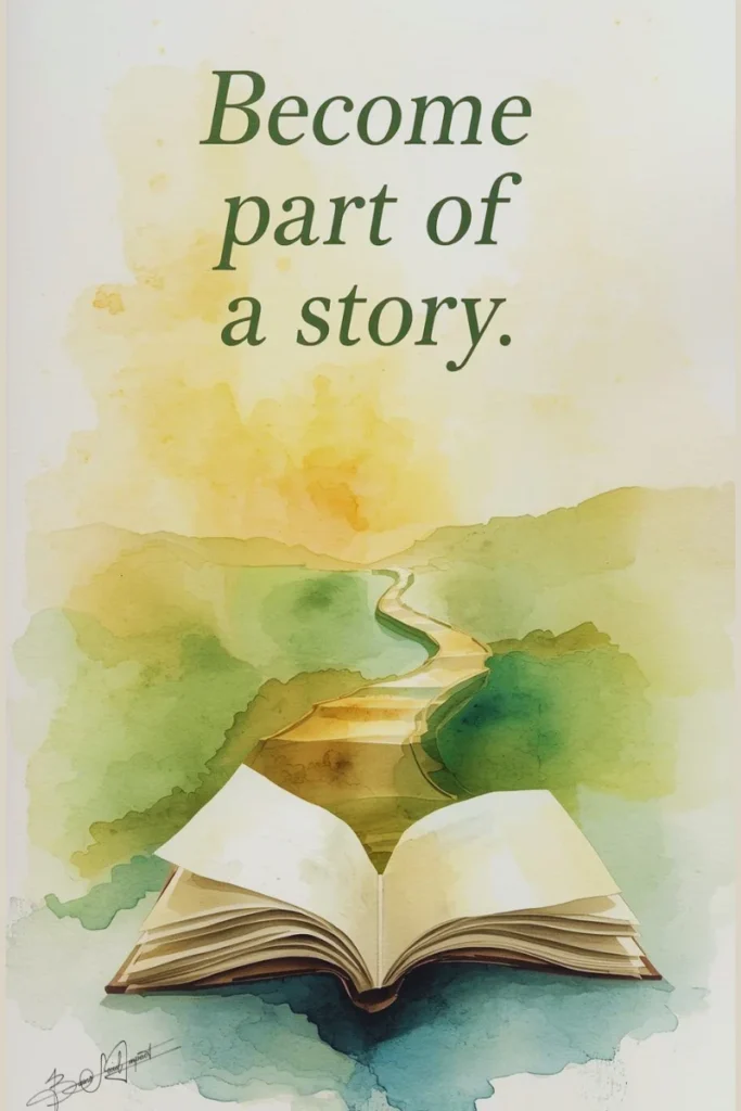 Illustration of an open book with a winding road emerging from its pages—representing how every sponsor at Baino Social Impact becomes part of a child’s unfolding story.