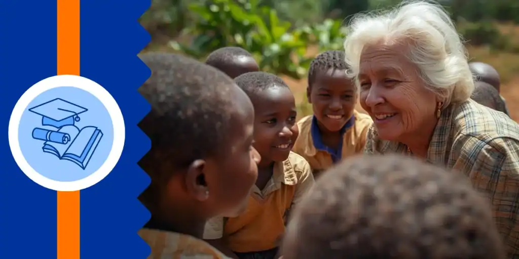 An elderly Caucasian woman warmly engaging with a group of African students in a rural Ugandan outdoor setting — a powerful symbol of cross-generational compassion and the human connection at the heart of legacy giving.
