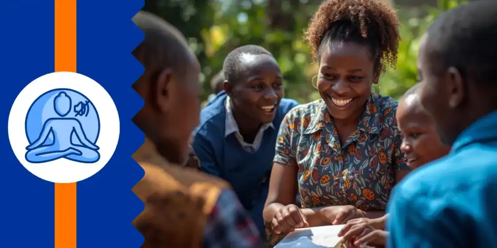 An African-American woman warmly engaging with a group of Ugandan students in a rural outdoor setting — a powerful image of cross-cultural connection, shared heritage, and the personal impact of legacy giving.