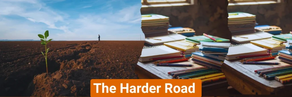 A deserted, neglected area with a bright plant defiantly growing on the left, and books and pencils arranged on a desk in a rural classroom on the right. The image symbolizes the harder road of empowerment—how Baino Social Impact chooses to nurture growth, learning, and opportunity even in challenging environments.
