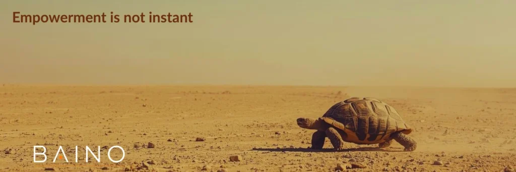 A tortoise moves slowly across a desert landscape, illustrating steady, patient progress. The image symbolizes that empowerment is not instant, reflecting Baino Social Impact’s belief in nurturing long-term growth, resilience, and self-determination.