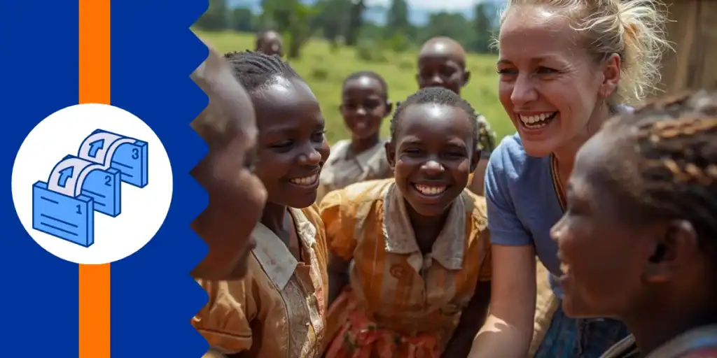 A Caucasian woman volunteer warmly sharing a joyful moment with African children in rural Uganda — a tender image of cross-cultural connection and the human spirit behind legacy giving.