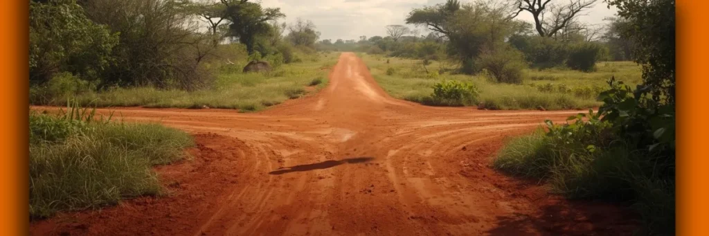 An aerial view of an intersection of four large dirt roads in rural Africa. The image symbolizes choosing the path that lasts, reflecting Baino Social Impact’s focus on intentional, sustainable decisions that guide communities toward enduring growth and empowerment.