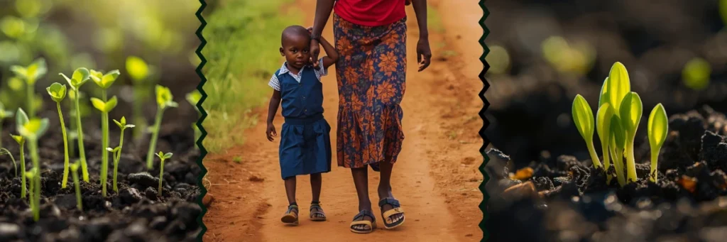 Young plants sprouting on both sides and an African mother walking her child to school in the center. The image represents how real change cannot be given but must be nurtured from within — just like growth, education, and empowerment take root through care, guidance, and belief in one’s own potential.