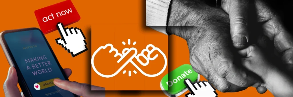 An elderly hand gently holds a baby’s hand, symbolizing the passing of care and hope across generations. Beside them, a mobile phone screen displays a donation page with the words “Making a better world,” “Act Now,” and “Donate.” Together, these images capture the essence of giving — a bridge between compassion and action, where every contribution helps build a better future for the next generation.