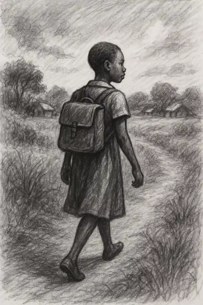 Hand-drawn pencil artwork of a young girl with a backpack walking along a rural road to school, symbolizing the determination, resilience, and hope that Baino Social Impact nurtures through education in Uganda’s underserved communities.