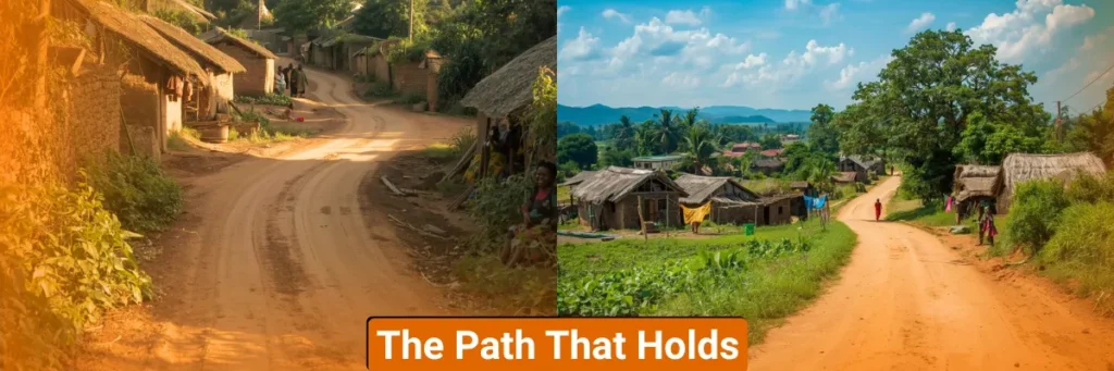 Two rural dirt roads wind through the Ugandan countryside, symbolizing the long and often difficult path toward empowerment. Though unpaved and rugged, these roads reflect endurance, progress, and the quiet strength of communities determined to build their own future.