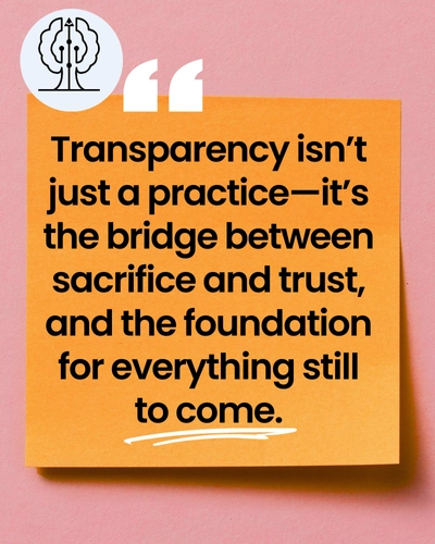 A motivational quote by Baino Social Impact reads: “Transparency isn’t just a practice — it’s the bridge between sacrifice and trust.” The design appears on a textured sticker-style background, symbolizing honesty, connection, and the deeper meaning of giving.