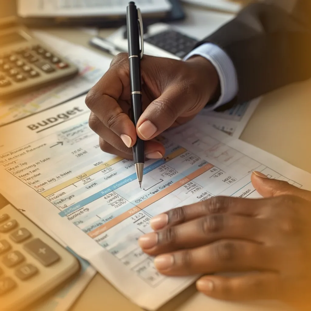 A close-up of an adult carefully writing a nonprofit budget plan, with the word “budget” visible on paper and a calculator nearby. The image symbolizes transparency, accountability, and the careful stewardship of every donation at Baino Social Impact.