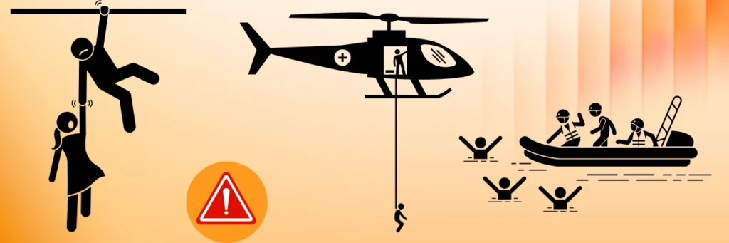 Symbolic illustration showing three rescue pictograms—a man pulling someone to safety, a helicopter lowering a rescuer, and a rescue boat saving people—visually representing the idea that Baino Social Impact’s role is not to rescue but to empower communities to rise through their own strength.