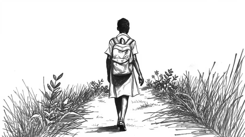 A hand-drawn black-and-white pencil sketch of a determined Ugandan girl walking along a rural path toward school. The artwork captures resilience and hope, symbolizing the journey of countless girls overcoming poverty and barriers to reclaim their future — a reflection of Baino Social Impact’s mission to empower education and restore dignity in rural Africa.