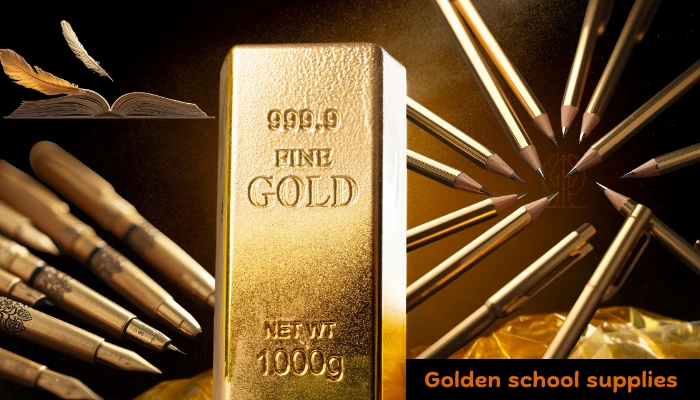 A gold bar surrounded by golden pens, pencils, and a golden book, symbolizing the sacred value of every donation. At Baino Social Impact, each gift is treated as precious, transforming contributions into hope, education, and opportunity for children in Uganda.