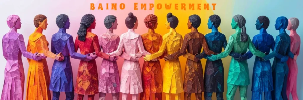 A colourful illustration of diverse women standing together in unison, facing forward with strength and purpose. The image symbolizes collective empowerment, solidarity, and the shared journey toward dignity and opportunity that Baino Social Impact champions.