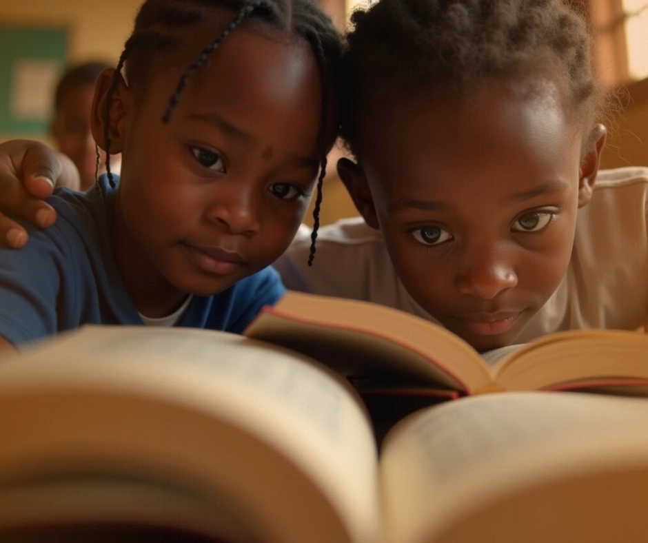 Two young girls closely reading books, their faces lowered to book level, capturing focus and curiosity, representing Baino Social Impact’s work in education.