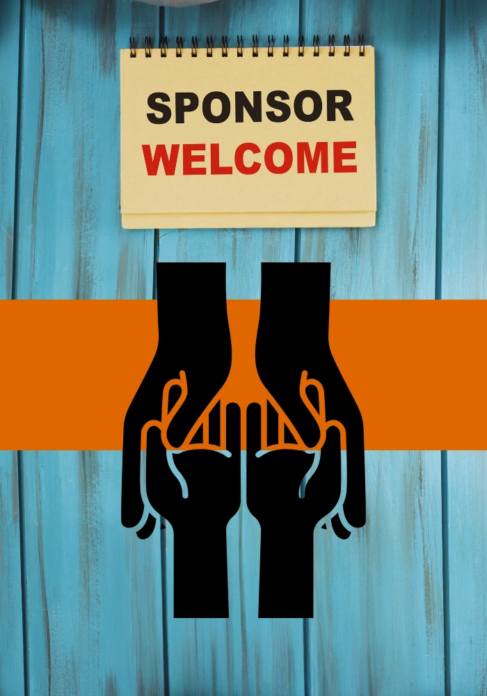 Illustrated icon of two hands—one giving, one receiving—beneath the words “Sponsor Welcome.” Symbolizes generosity, partnership, and Baino Social Impact’s mission to transform lives through education.