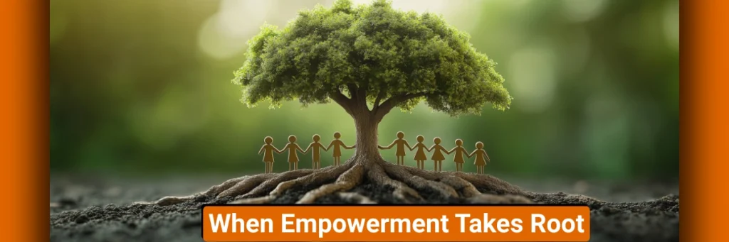 A miniature of a strong tree with deep, visible roots anchoring firmly in the soil. The image symbolizes how true empowerment grows from within—steadily, quietly, and deeply—reflecting Baino Social Impact’s belief in building lasting change through discipline and community strength.