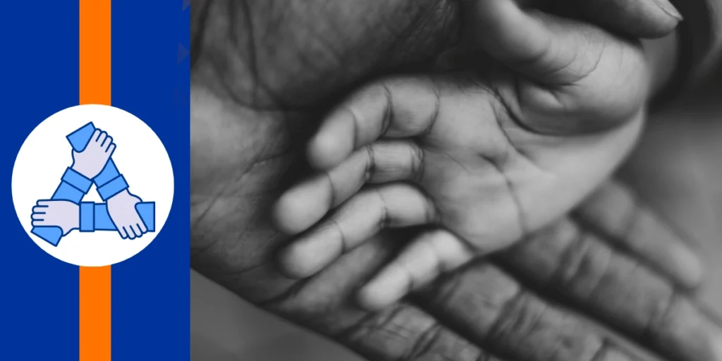 Close-up of a child’s hand resting in an adult’s hands — symbolizing protection, continuity, and the quiet promise of legacy giving in rural Uganda.