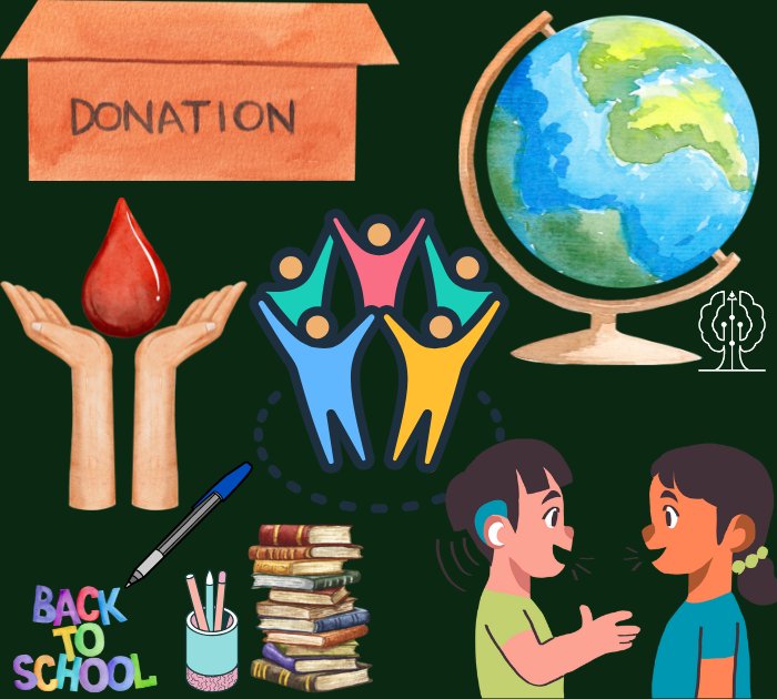 Illustration representing Baino Social Impact’s literacy ecosystem, highlighting community participation and learning, supported by donors.