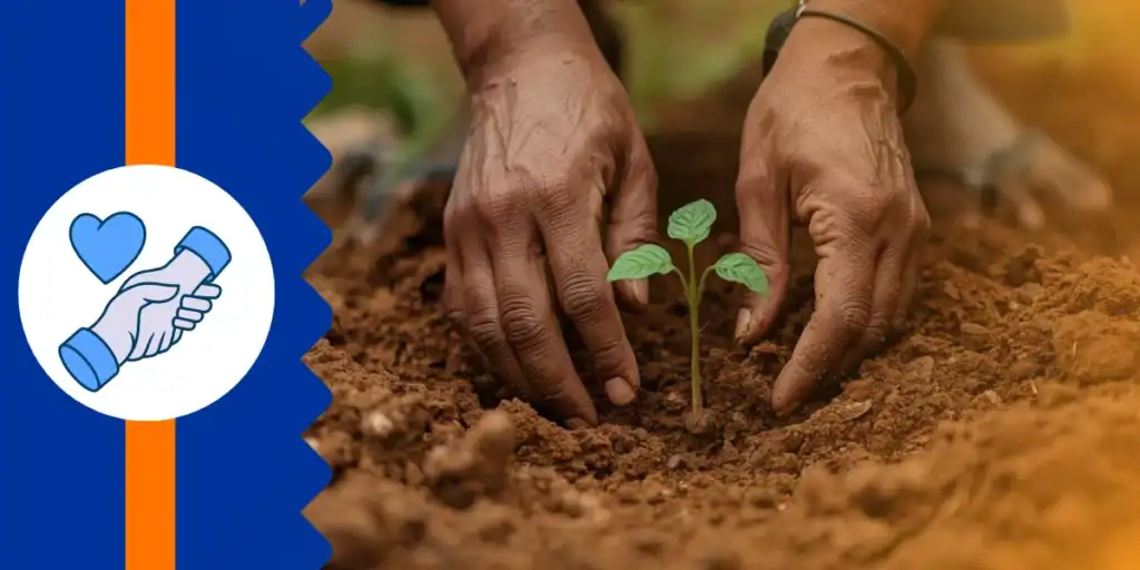 Close-up of hands planting a young seedling in Ugandan soil — symbolizing how legacy giving becomes a living act of love, rooted in compassion and growing into lasting change.