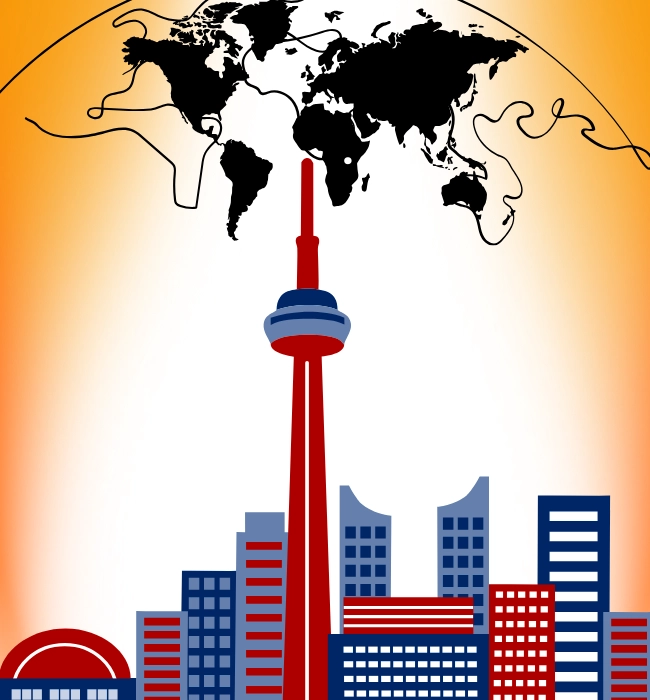 A graphic showing Toronto city with a global map overlay, illustrating the journey from Uganda to Canada. This image reflects the founder’s efforts to sustain Baino Social Impact from abroad, bridging continents to ensure children in Uganda continue to receive educational opportunities.