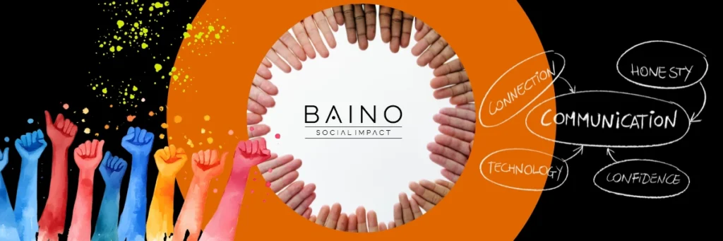 Watercolor illustration of diverse hands raised in unity and strength, positioned beside handwritten text evoking communication and shared expression. The image represents empowerment as both action and voice—reflecting how Baino Social Impact helps communities rise, speak, and shape their own stories.