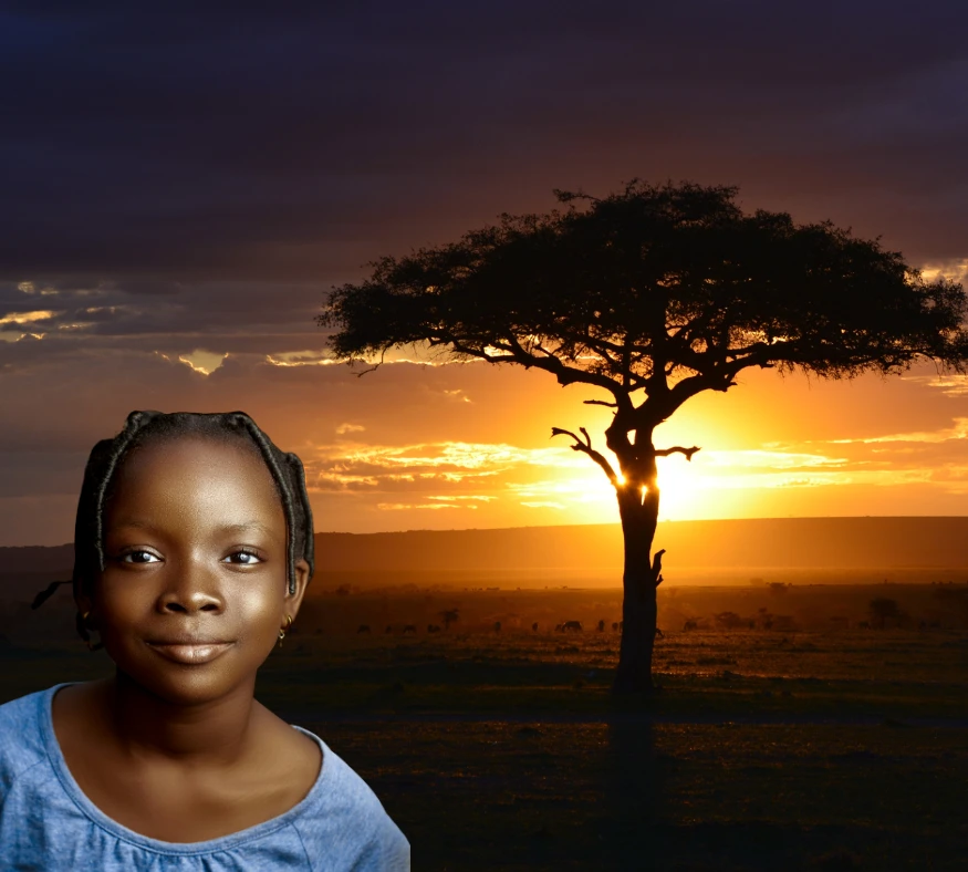 A smiling African girl stands before a sunlit tree with rays piercing its sparse leaves, symbolizing hope, resilience, and the bright future Baino Social Impact seeks to nurture through education in Uganda’s rural communities.