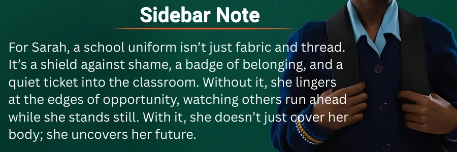 A half-portrait of a young girl in a school uniform, her backpack is fastened, ready to claim her future. Beside her appears the inscription, “A school uniform is not just fabric and thread. It’s a shield against shame…” The image captures the quiet power of education to restore dignity and belonging — a reflection of Baino Social Impact’s mission to help every child reclaim their confidence, future, and hope.