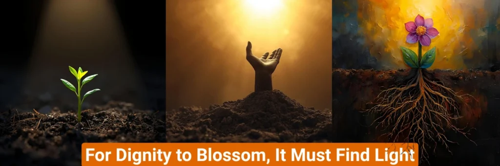 Blossoming flower with visible roots, a young plant sprouting, and a human hand emerging from the soil, reaching toward the light. The image symbolizes the deep connection between growth and empowerment—how, at Baino Social Impact, human potential flourishes when dignity and opportunity take root.