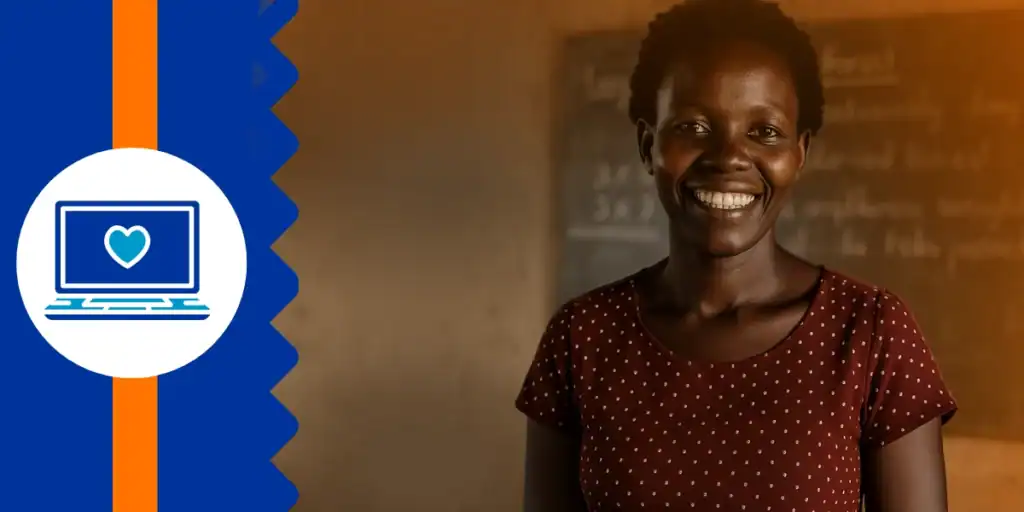 Portrait of a female teacher standing in a rural Ugandan classroom — a living testament to legacy giving and the enduring impact of one life investing in another.