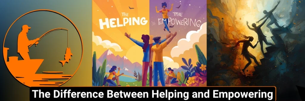 Image on the left showing a man fishing, people pulling themselves out of a ditch, and a graphic of an empowered person soaring upward while another remains begging below. The image contrasts temporary help with true empowerment—reflecting Baino Social Impact’s belief that lasting change comes not from rescue, but from enabling people to rise through self-determination and discipline.