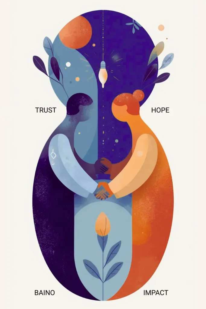 Artistic graphic by Baino Social Impact showing two individuals holding hands beneath a crown, surrounded by the words Trust, Hope, and Impact—symbolizing unity, dignity, and the shared strength behind social transformation.