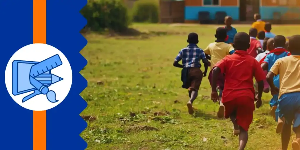 A group of schoolchildren running toward a rural school building in Uganda — a joyful symbol of how legacy giving opens doors to education, hope, and a brighter future.