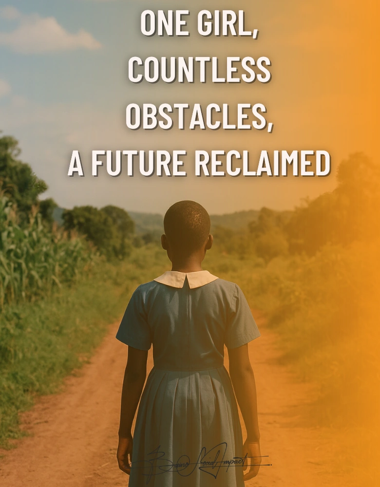 The image shows a young rural girl standing strong and ready to take control of her future. The image features a minimalist quote that reads, “One girl, countless obstacles, a future reclaimed”. — Baino Social Impact.