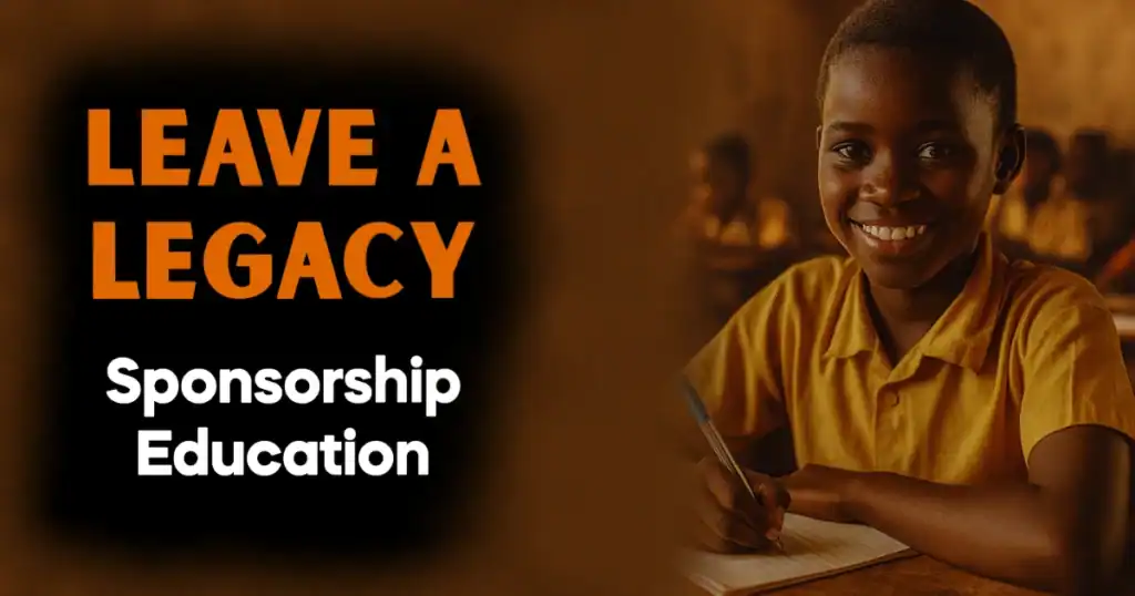 A young Ugandan schoolgirl holding a pen and a book in a rural classroom, with the inscription “Leave a Legacy” — a powerful image of educational opportunity and the enduring impact of legacy giving.