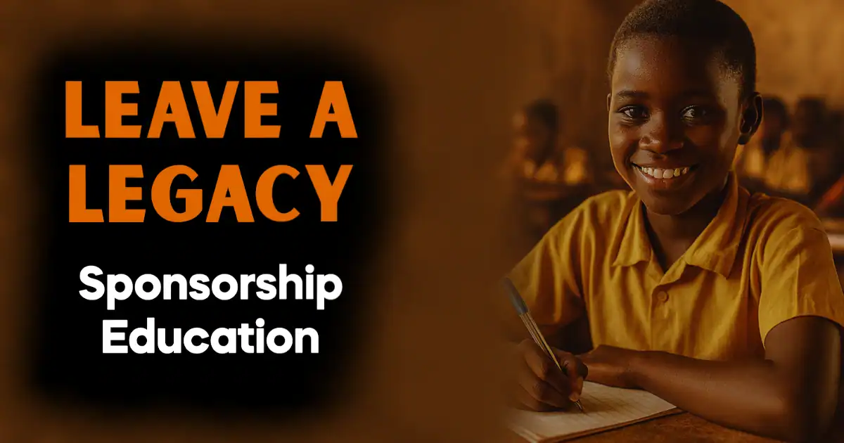 A young Ugandan schoolgirl holding a pen and a book in a rural classroom, with the inscription “Leave a Legacy” — a powerful image of educational opportunity and the enduring impact of legacy giving.