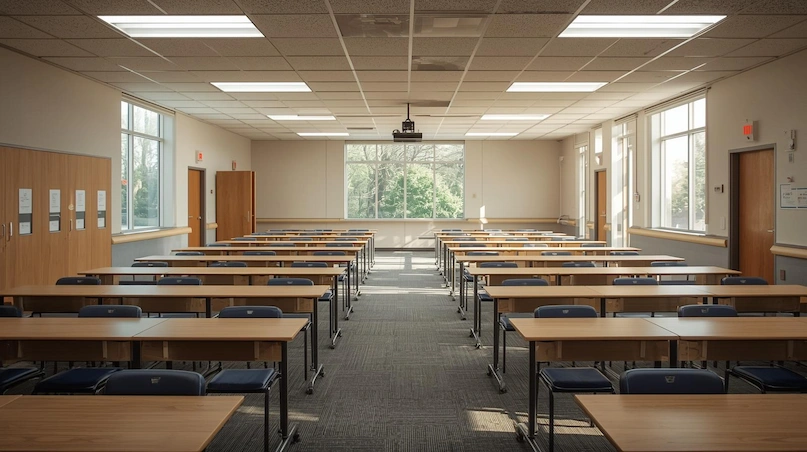 A restrained public space designed for collective use, emphasizing order, repetition, and long-term reliability rather than individual presence.