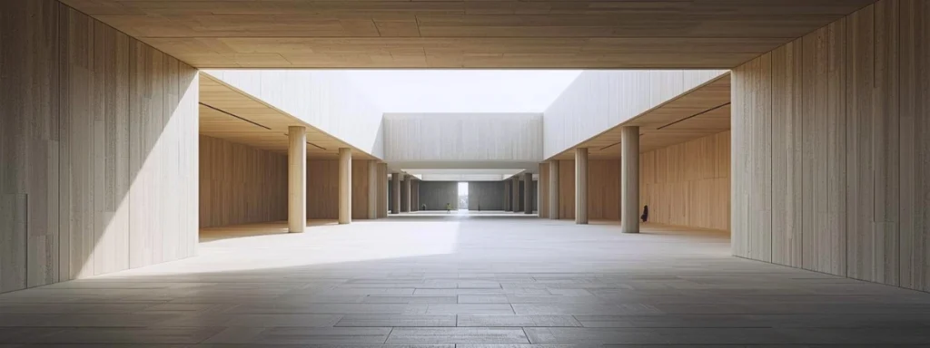 A calm, architecturally ordered public interior with clean stone surfaces, measured light, and a clear passage forward, suggesting structure, discipline, and openness rather than enclosure.