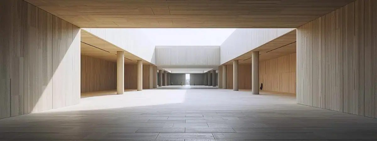 A calm, architecturally ordered public interior with clean stone surfaces, measured light, and a clear passage forward, suggesting structure, discipline, and openness rather than enclosure.