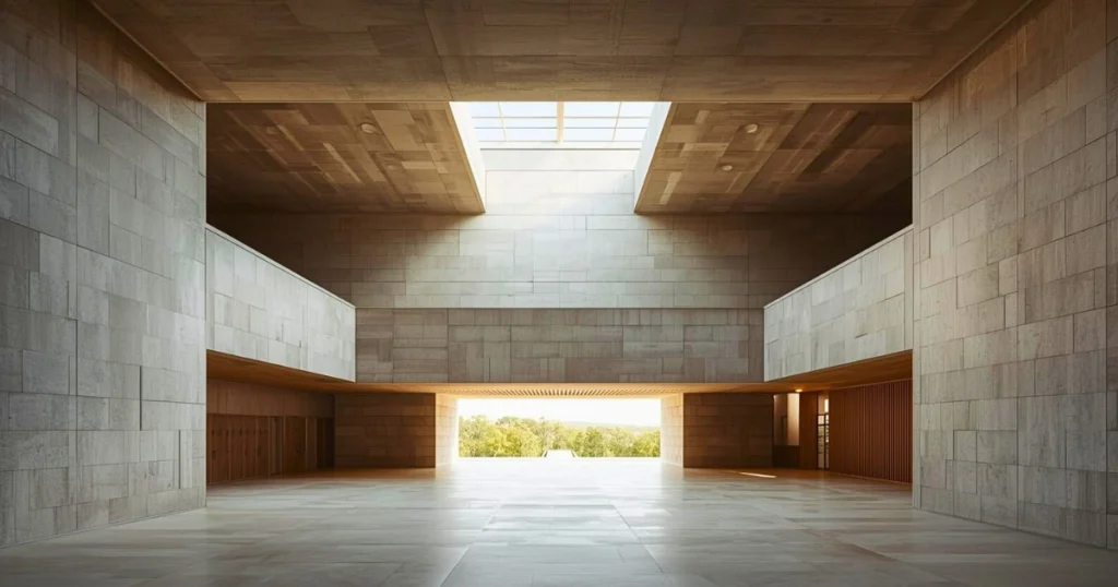 A calm, monumental interior space built from stone and wood, shaped by light and proportion, designed to endure over time, suggesting systems of learning, dignity, discipline, and shared human progress beyond individual presence.