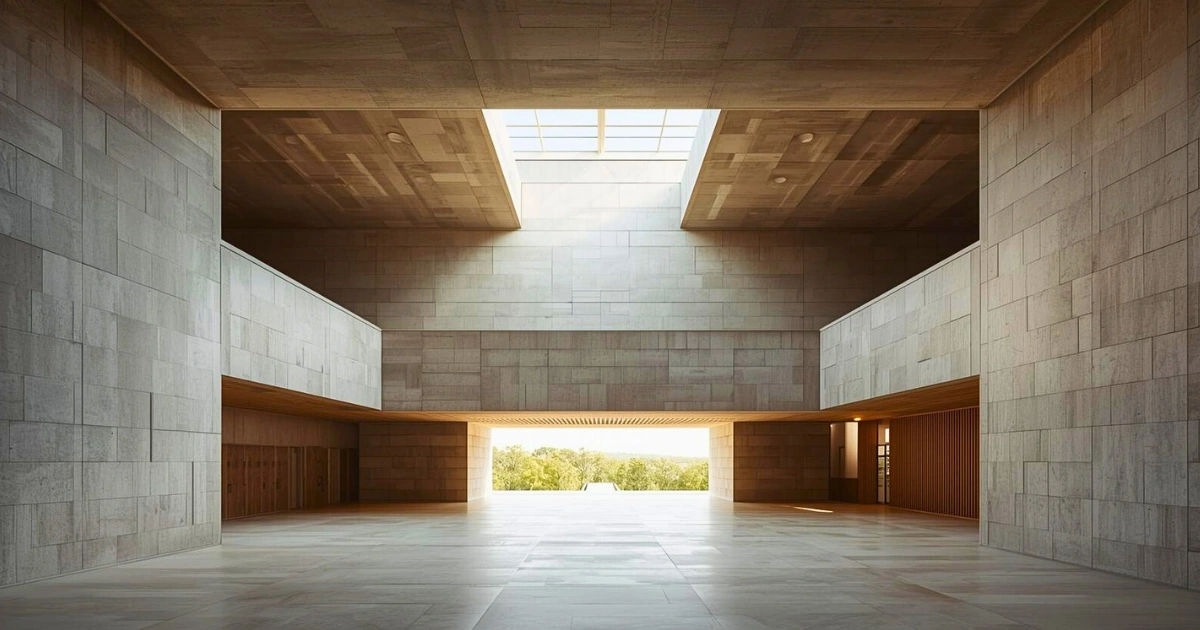 A calm, monumental interior space built from stone and wood, shaped by light and proportion, designed to endure over time, suggesting systems of learning, dignity, discipline, and shared human progress beyond individual presence.