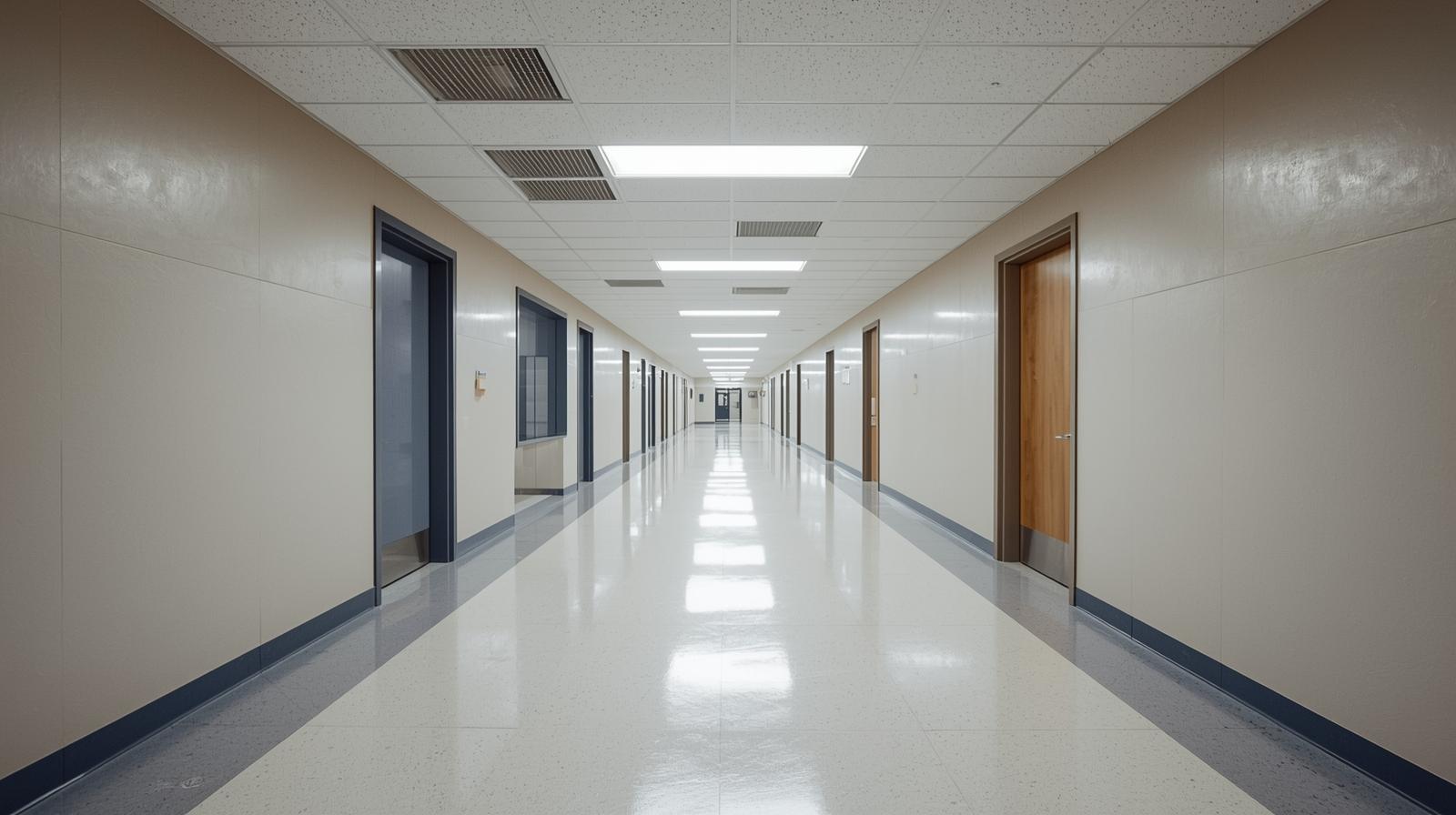 An orderly public interior corridor designed for shared access, conveying everyday care built into functional infrastructure.