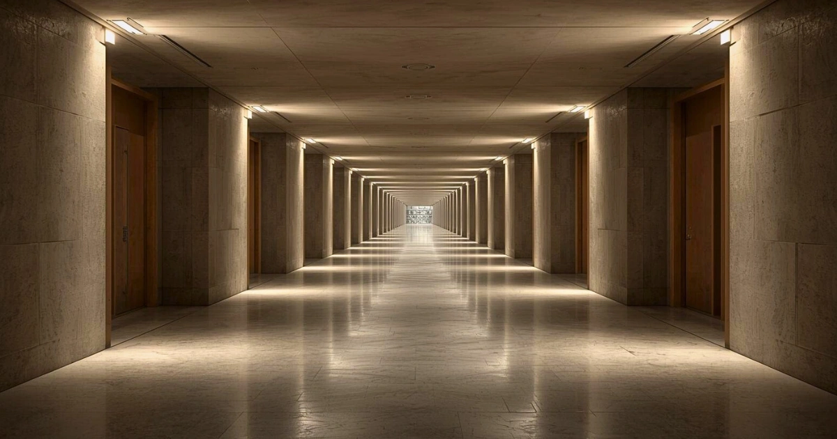 A calm, architecturally ordered public interior with clean stone surfaces, measured light, and a clear passage forward, suggesting respect of time and reliable structures and systems.